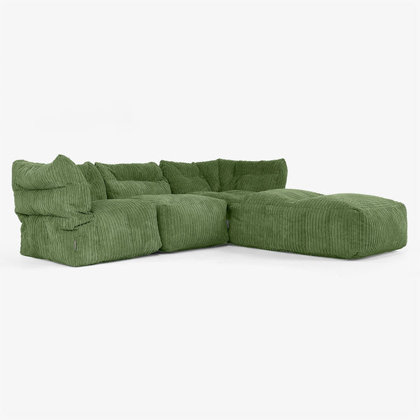 Divano Modulare 3 Posti con Chaise Longue e Braccioli - Velluto a Coste Verde Foresta 01