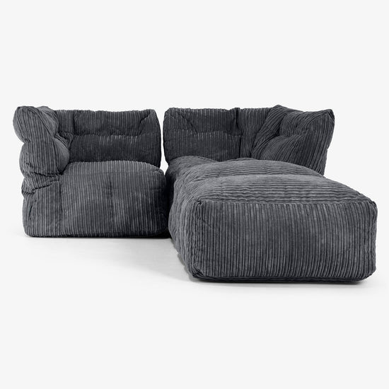 Divano Modulare 2 Posti con Chaise Longue - Velluto a Coste Nero 01