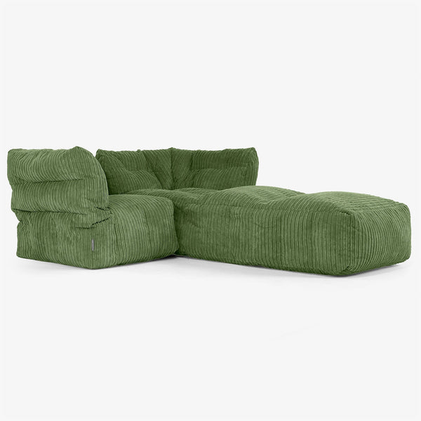 Divano Modulare 2 Posti con Chaise Longue - Velluto a Coste Verde Foresta 01