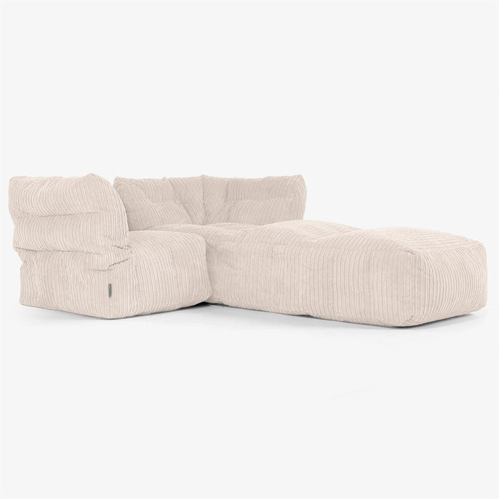 Divano Modulare 2 Posti con Chaise Longue - Velluto a Coste Avorio 02
