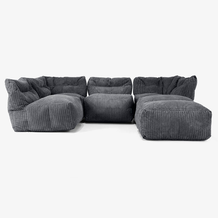 Divano Modulare 4 Posti con Chaise Longue - Velluto a Coste Nero 03