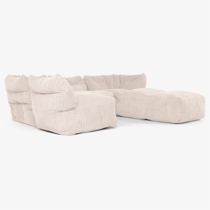 Divano Modulare 4 Posti con Chaise Longue - Velluto a Coste Avorio 04