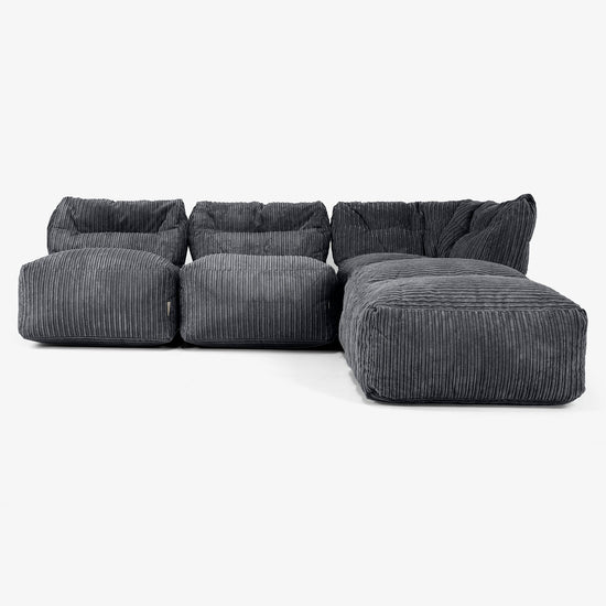 Divano Modulare 3 Posti con Chaise Longue, senza Braccioli - Velluto a Coste Nero 01