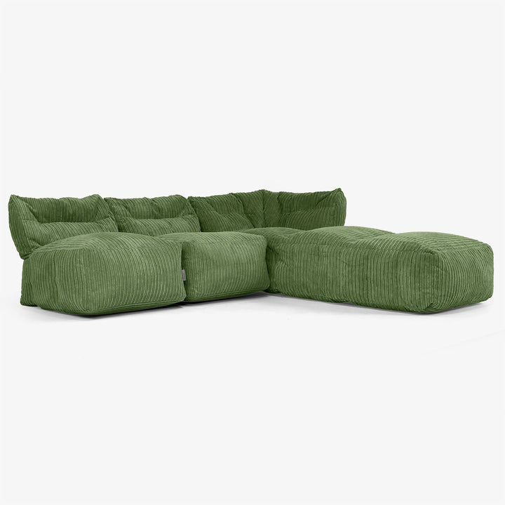 Divano Modulare 3 Posti con Chaise Longue, senza Braccioli - Velluto a Coste Verde Foresta 02