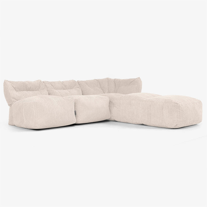 Divano Modulare 3 Posti con Chaise Longue, senza Braccioli - Velluto a Coste Avorio 02