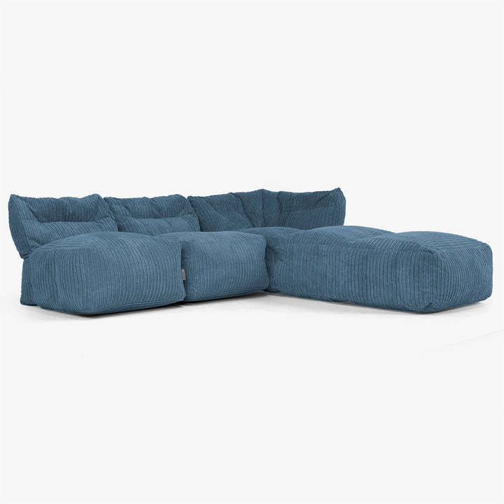 Divano Modulare 3 Posti con Chaise Longue, senza Braccioli - Velluto a Coste Navy 02