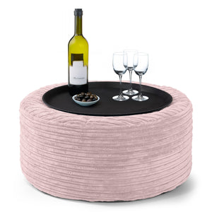 Pouf Ottoman con Vassoio - Velluto a Coste Rosa Cipria