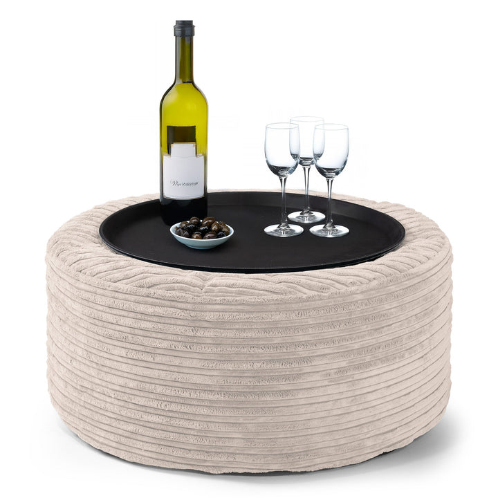 Pouf Ottoman con Vassoio - Velluto a Coste Avorio 01