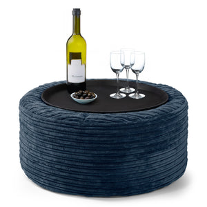 Pouf Ottoman con Vassoio - Velluto a Coste Navy