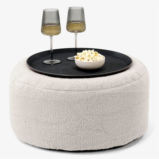 Pouf Ottoman con Vassoio - Bouclé Avorio - 01