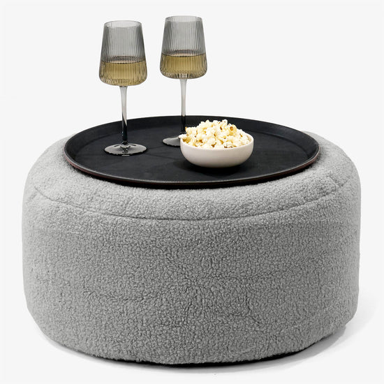 Pouf Ottoman con Vassoio - Bouclé Grigio - 01