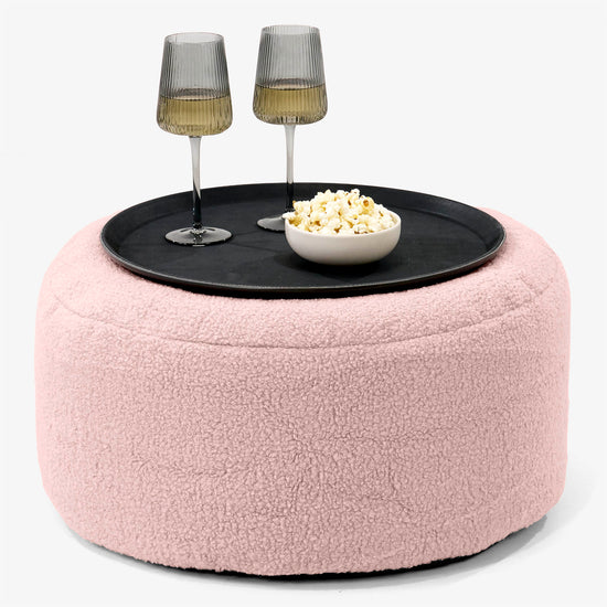 Pouf Ottoman con Vassoio - Bouclé Rosa - 01