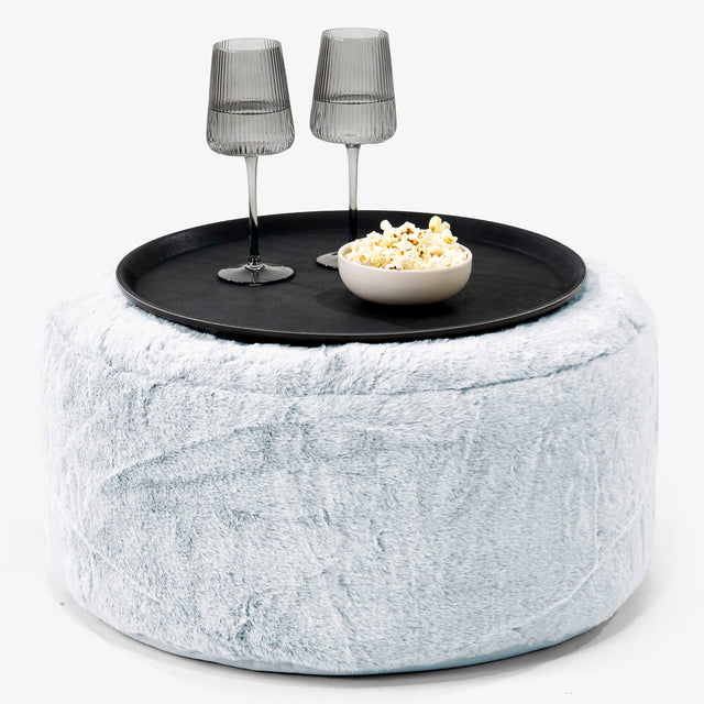 Pouf Ottoman con Vassoio - Eco-pelliccia di Coniglio Azzurro Polvere - 01