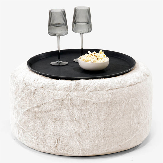 Pouf Ottoman con Vassoio - Eco-pelliccia di Coniglio Bianco - 01