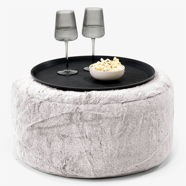 Pouf Ottoman con Vassoio - Eco-pelliccia di Coniglio Grigio Chiaro - 01