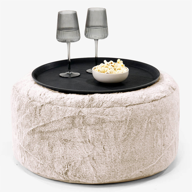 Pouf Ottoman con Vassoio - Eco-pelliccia di Coniglio Marrone dorato - 01