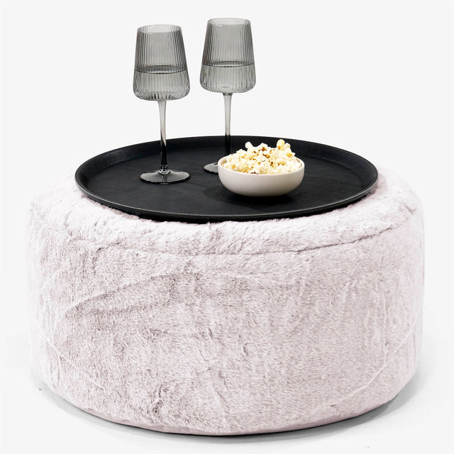 Pouf Ottoman con Vassoio - Eco-pelliccia di Coniglio Rosa Antico - 01