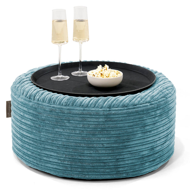 Pouf Ottoman con Vassoio - Velluto a Coste Egeo Blu - 01