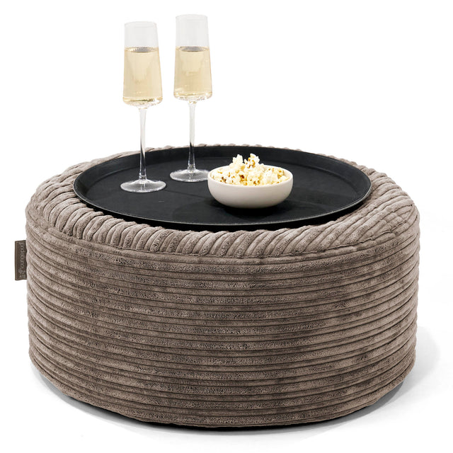 Pouf Ottoman con Vassoio - Velluto a Coste Grigio Tortora - 01