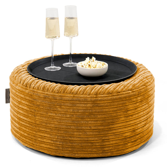 Pouf Ottoman con Vassoio - Velluto a Coste Miele Dorato - 01