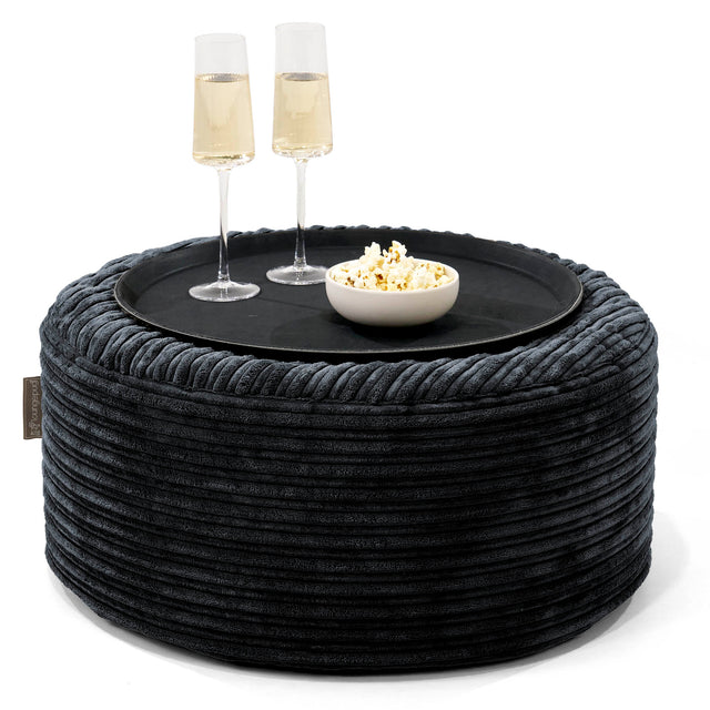 Pouf Ottoman con Vassoio - Velluto a Coste Nero - 01