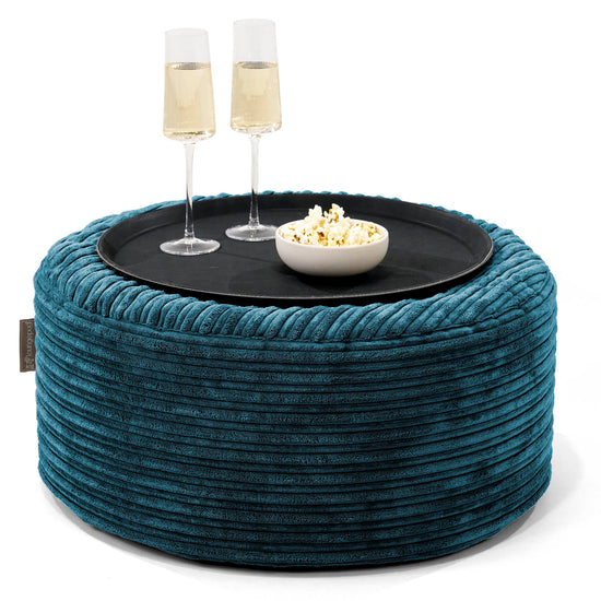 Pouf Ottoman con Vassoio - Velluto a Coste Tiglio - 01