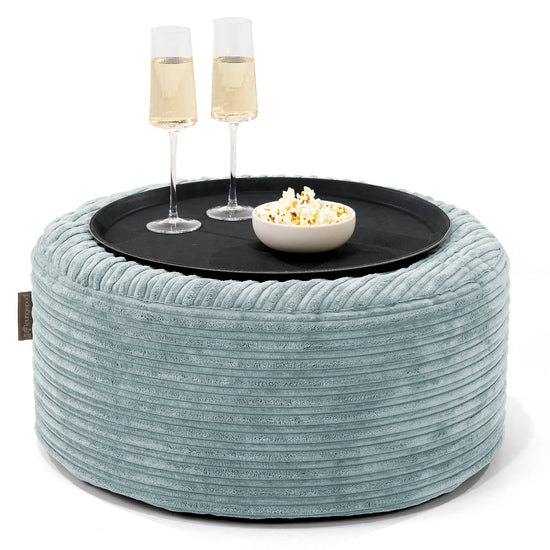 Pouf Ottoman con Vassoio - Velluto a Coste Verde Menta - 01