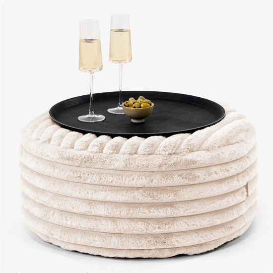 Pouf Ottoman con Vassoio - Velluto Felpato Ultra Morbido Panna - 01