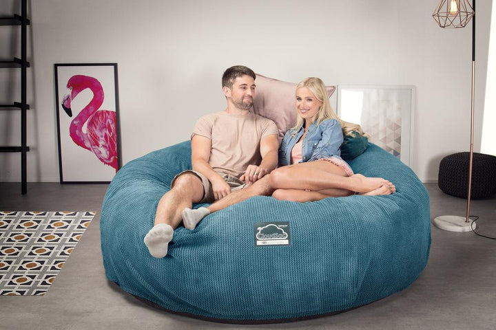 Lounge Pug, Pouf Sacco Gigante King Size XXL, C3000L CloudSac, Imbottito Di Fiocchi Di Lattice e Poliestere, Pompon Egeo Blu