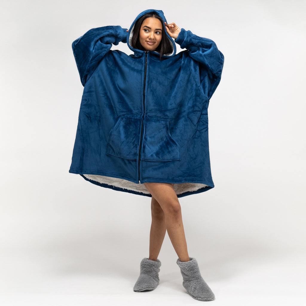 Felpa Coperta Oversize per Adulti con Cappuccio e Zip - Minky Blu scuro 01