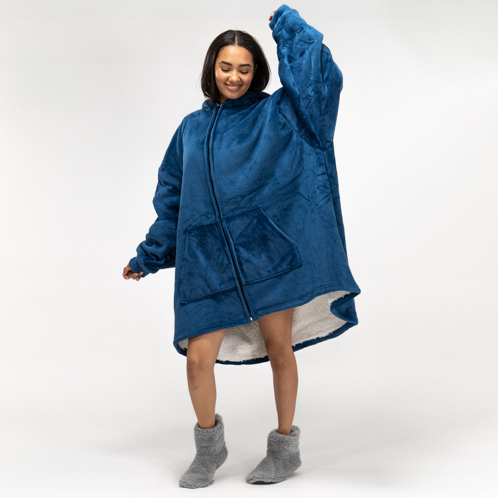 Felpa Coperta Oversize per Adulti con Cappuccio e Zip - Minky Blu scuro 02