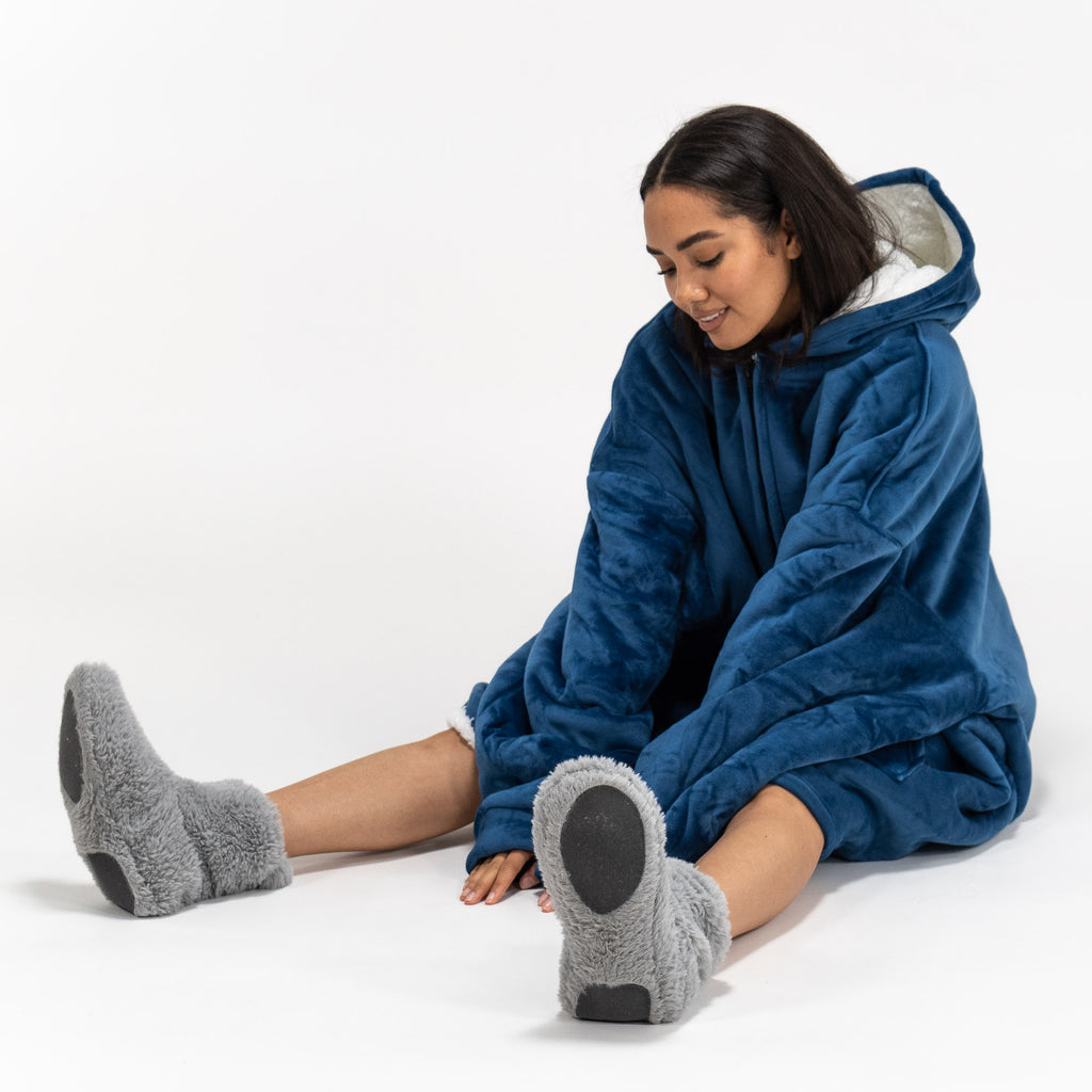 Felpa Coperta Oversize per Adulti con Cappuccio e Zip - Minky Blu scuro 04