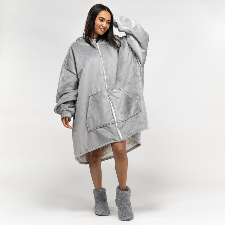 Felpa Coperta Oversize per Adulti con Cappuccio e Zip - Minky Grigio 01