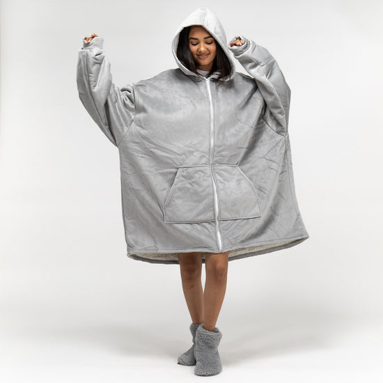 Felpa Coperta Oversize per Adulti con Cappuccio e Zip - Minky Grigio 02