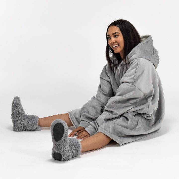 Felpa Coperta Oversize per Adulti con Cappuccio e Zip - Minky Grigio 04