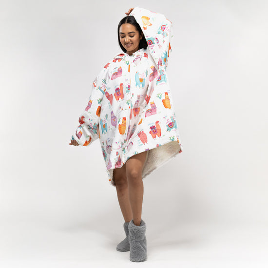 Felpa Coperta Oversize per Adulti con Cappuccio e Zip - Minky Lama 01