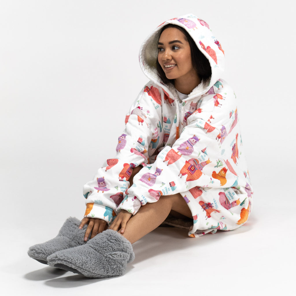 Felpa Coperta Oversize per Adulti con Cappuccio e Zip - Minky Lama 04