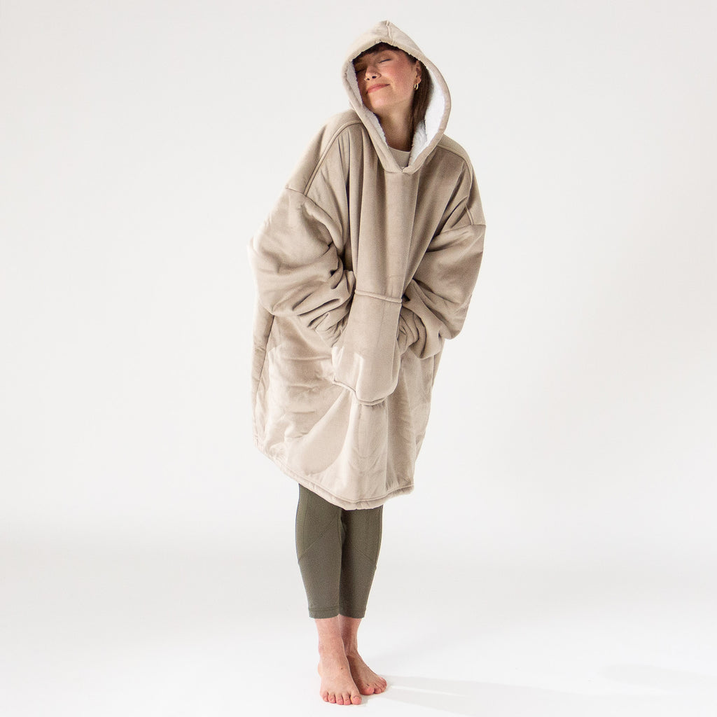 Felpa Coperta Oversize per Adulti con Cappuccio - Minky Panna / Visone 02