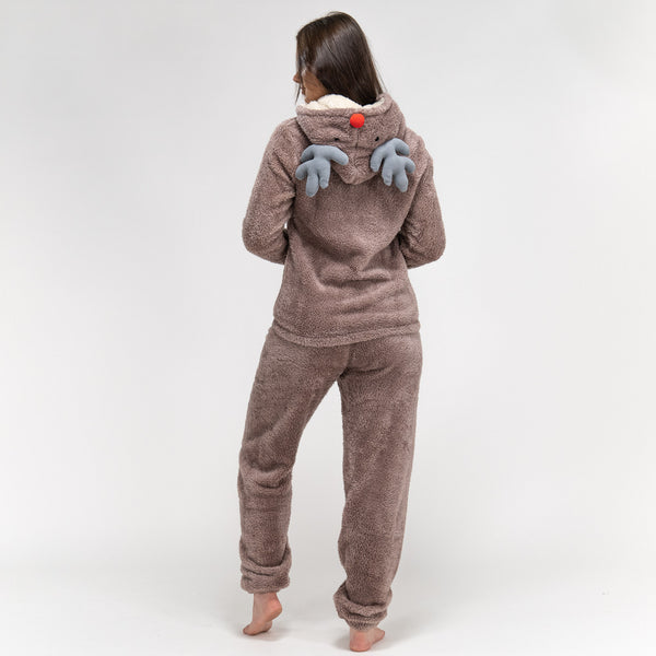 Set Pigiama in Due Pezzi in Pile da Donna con Animali - Renna Fabric Close-up Image